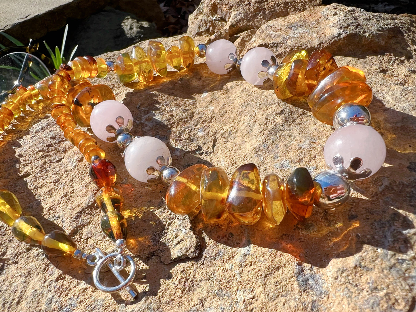 Natural Amber necklace with pink rose quartz stone