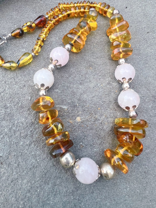 Natural Amber Necklace with rose quartz stone.